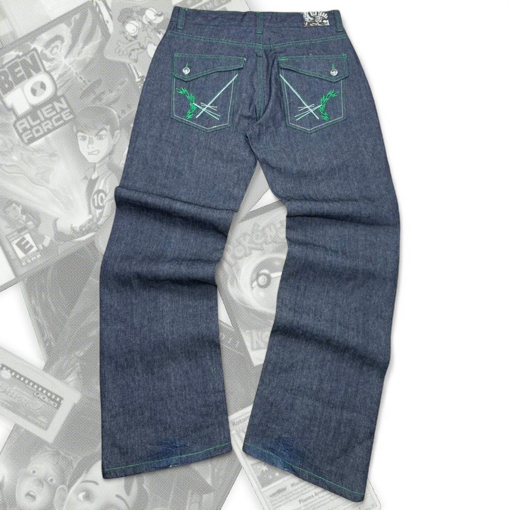 Old Skool Y2K Baggy Wide Leg Premium Denim Jeans Mens 38 Blue Green Stitching